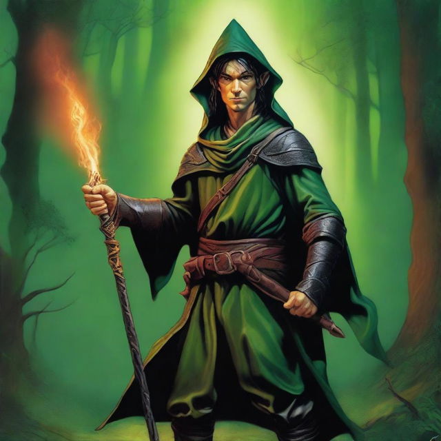 This top-quality digital art piece features a slender, handsome male Halfling wizard, illustrated in the style of Michael Whelan