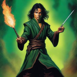 This top-quality digital art piece features a slender, handsome male Halfling wizard, illustrated in the style of Michael Whelan