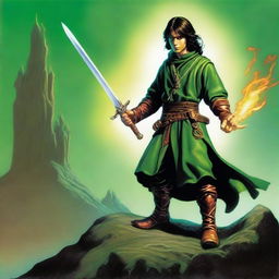 This top-quality digital art piece features a slender, handsome male Halfling wizard, illustrated in the style of Michael Whelan