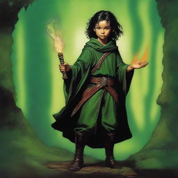 This top-quality digital art piece features a slender, handsome male Halfling wizard, illustrated in the style of Michael Whelan