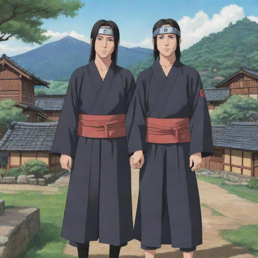 Anime-style illustration showing Itachi and Izumi from Naruto series, standing together in a friendly and peaceful pose, with a carefully detailed background of a tranquil Konoha village.