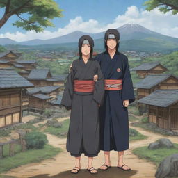 Anime-style illustration showing Itachi and Izumi from Naruto series, standing together in a friendly and peaceful pose, with a carefully detailed background of a tranquil Konoha village.