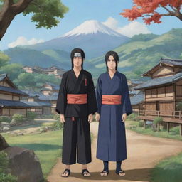 Anime-style illustration showing Itachi and Izumi from Naruto series, standing together in a friendly and peaceful pose, with a carefully detailed background of a tranquil Konoha village.