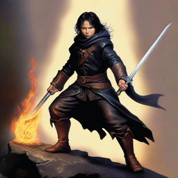 This is a high-quality digital art image that showcases a slim and handsome male Halfling wizard, depicted in the style of Michael Whelan