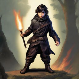 This is a high-quality digital art image that showcases a slim and handsome male Halfling wizard, depicted in the style of Michael Whelan