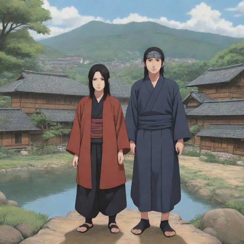 Anime-style illustration showing Itachi and Izumi from Naruto series, standing together in a friendly and peaceful pose, with a carefully detailed background of a tranquil Konoha village.