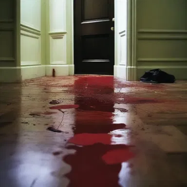 As the door creaked open, a dark dab of blood lay on the floor, filling the room with a sense of impending doom.