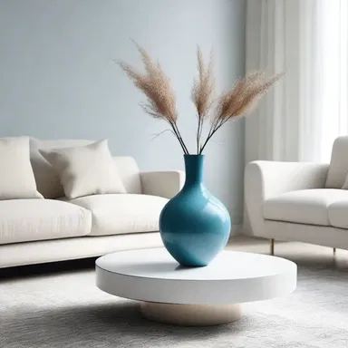 The minimalist living room design had a subtle dab of color in the form of a small blue vase on the coffee table.
