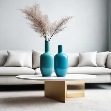 The minimalist living room design had a subtle dab of color in the form of a small blue vase on the coffee table.