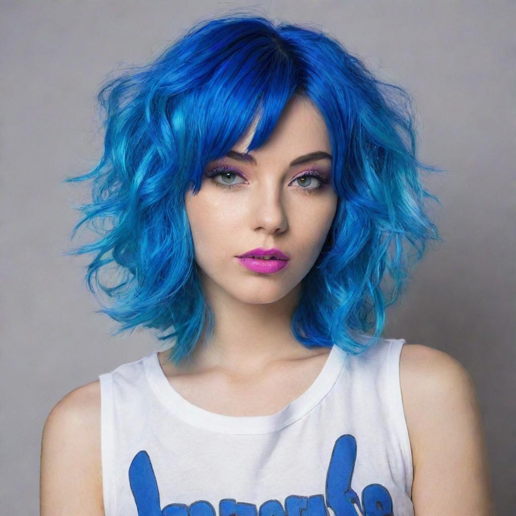 A youthful girl with vibrant, neon-blue hair, radiating a unique sense of style and personality