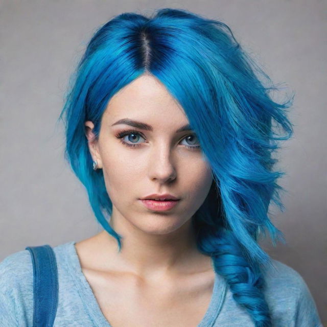 A youthful girl with vibrant, neon-blue hair, radiating a unique sense of style and personality