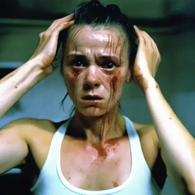 In the horror movie, the main character nervously dabbed sweat from her forehead.
