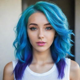 A youthful girl with vibrant, neon-blue hair, radiating a unique sense of style and personality