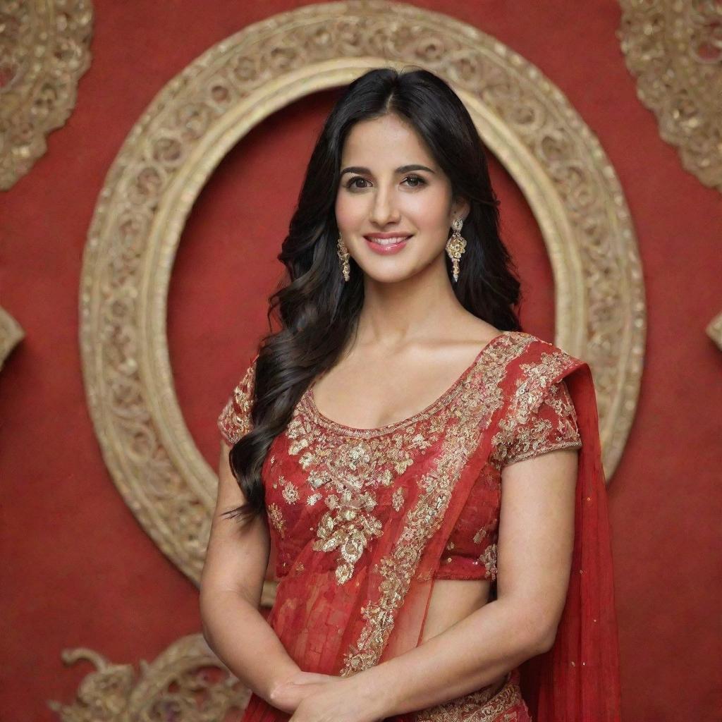 Portrait of Bollywood actress Katrina Kaif in a red traditional Indian dress, with a smile on her face, standing against an ornately decorated background