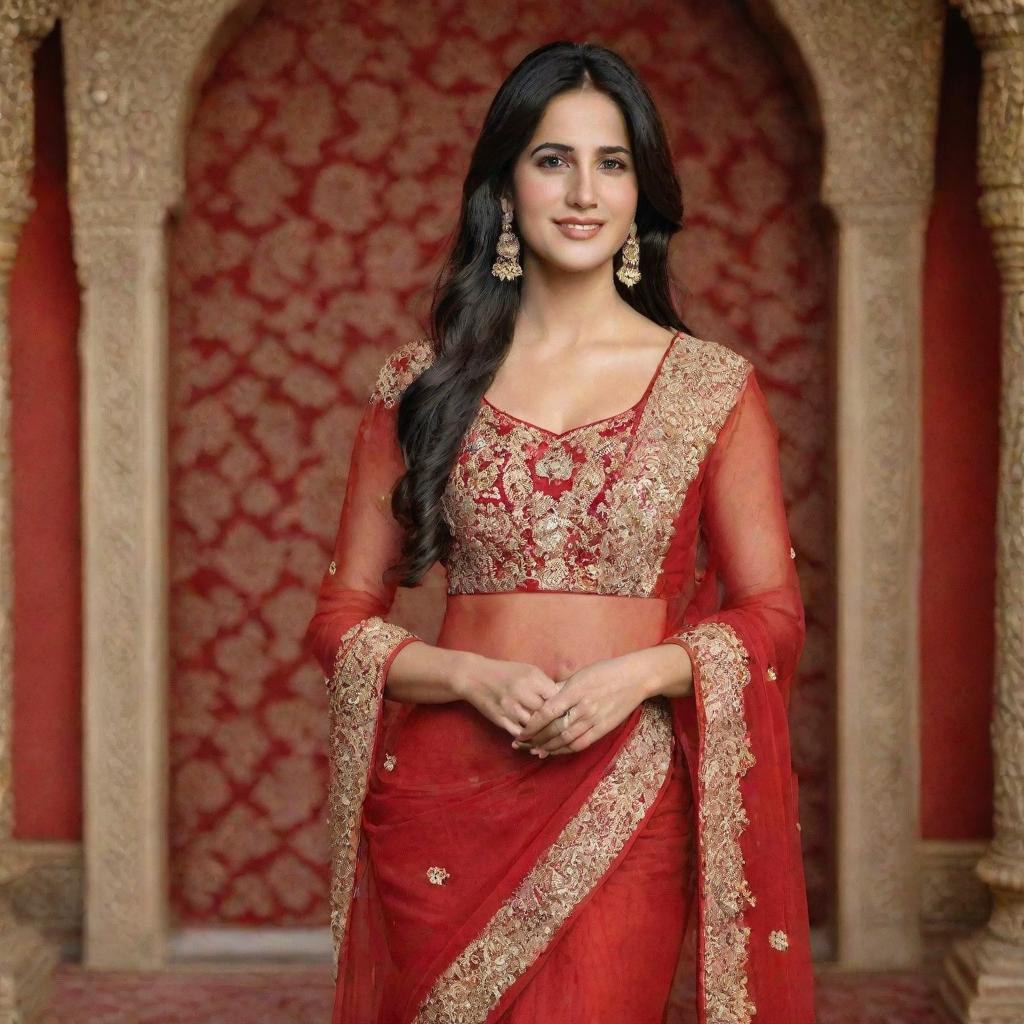 Portrait of Bollywood actress Katrina Kaif in a red traditional Indian dress, with a smile on her face, standing against an ornately decorated background