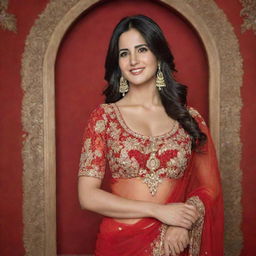 Portrait of Bollywood actress Katrina Kaif in a red traditional Indian dress, with a smile on her face, standing against an ornately decorated background