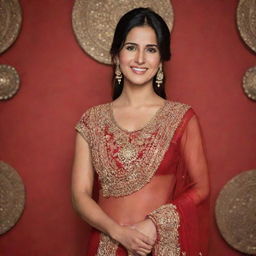 Portrait of Bollywood actress Katrina Kaif in a red traditional Indian dress, with a smile on her face, standing against an ornately decorated background