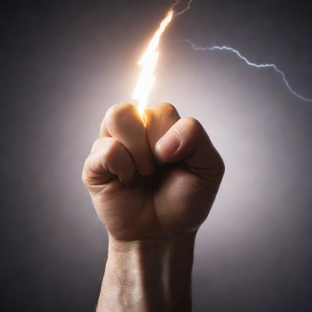 Closeup view of a glowing lightning bolt held tightly in a fist showing the symbol of power