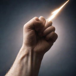 Closeup view of a glowing lightning bolt held tightly in a fist showing the symbol of power