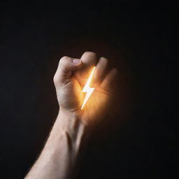 Closeup view of a glowing lightning bolt held tightly in a fist showing the symbol of power