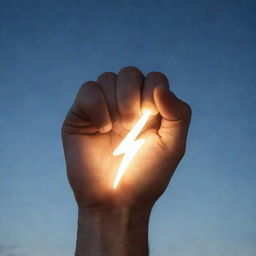 Closeup view of a glowing lightning bolt held tightly in a fist showing the symbol of power