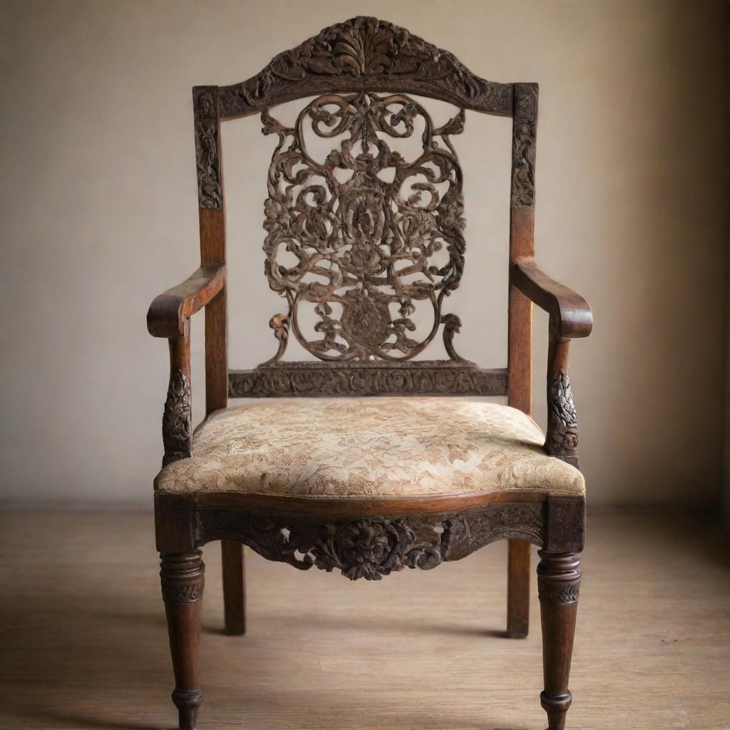 A meticulously crafted, antique wooden chair with intricate carvings, sitting in a gently lit room casting soft shadows.