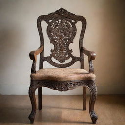 A meticulously crafted, antique wooden chair with intricate carvings, sitting in a gently lit room casting soft shadows.