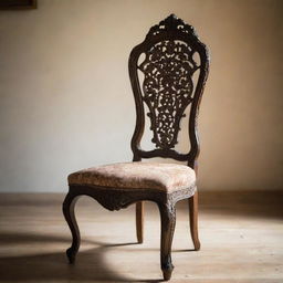 A meticulously crafted, antique wooden chair with intricate carvings, sitting in a gently lit room casting soft shadows.