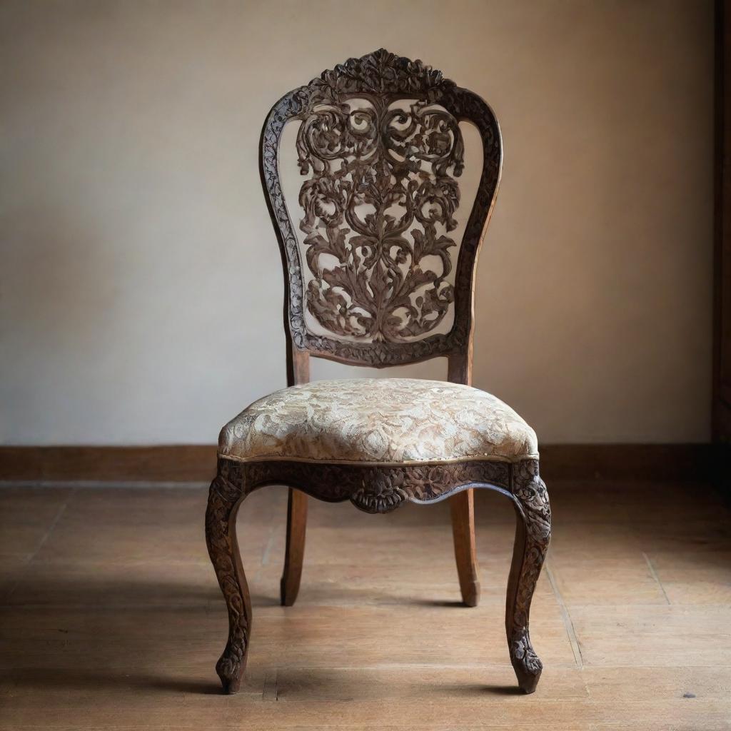 A meticulously crafted, antique wooden chair with intricate carvings, sitting in a gently lit room casting soft shadows.