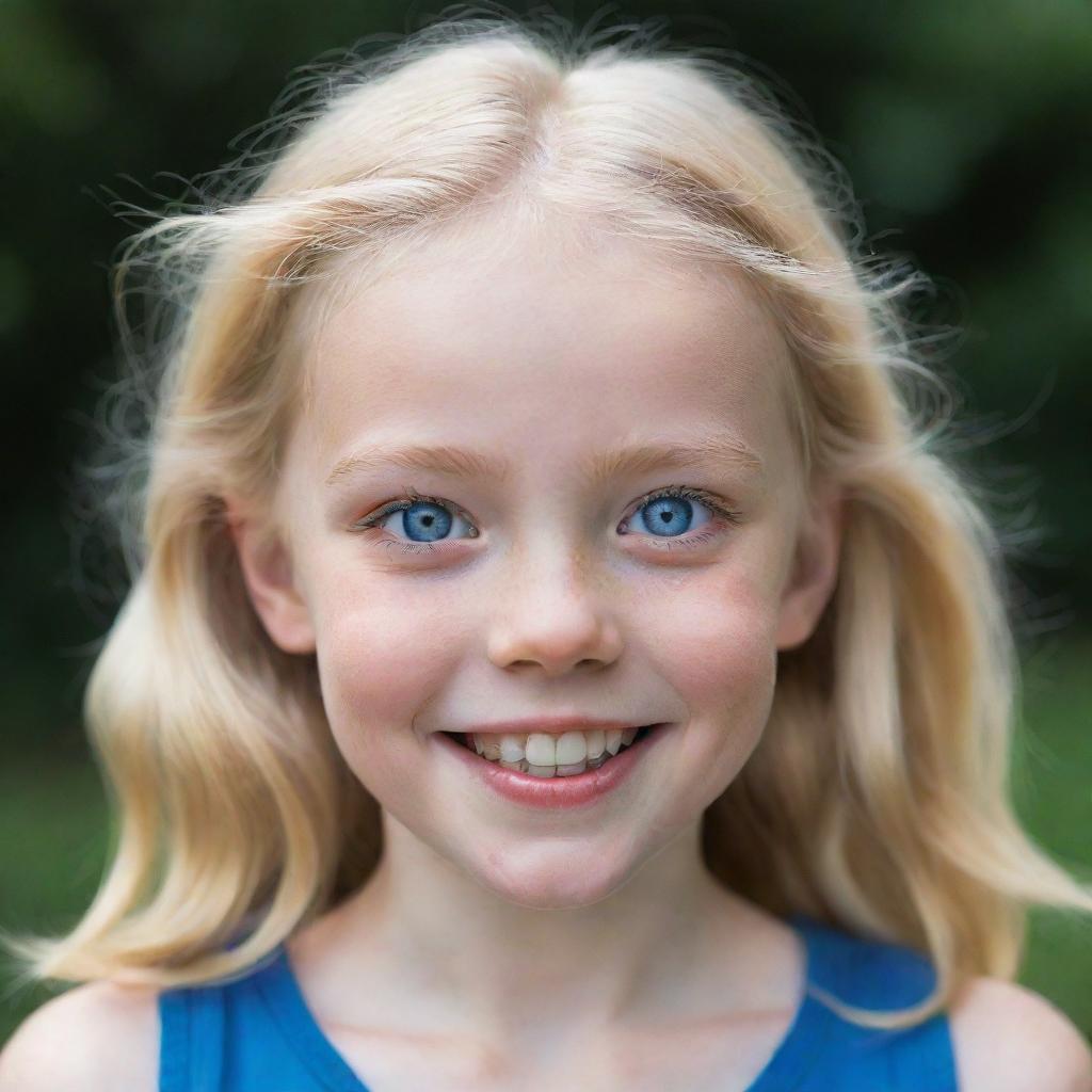 A portrait of a young girl with pale skin, striking blue eyes, and blonde hair, radiating joy and innocence