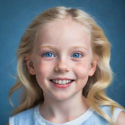 A portrait of a young girl with pale skin, striking blue eyes, and blonde hair, radiating joy and innocence