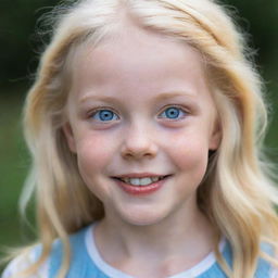 A portrait of a young girl with pale skin, striking blue eyes, and blonde hair, radiating joy and innocence