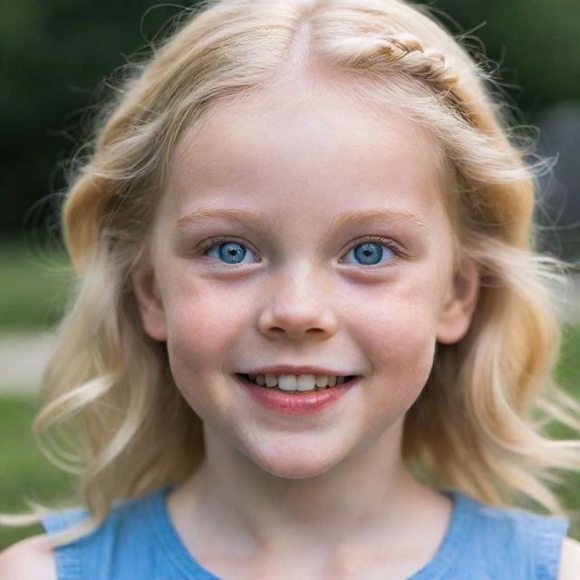 A portrait of a young girl with pale skin, striking blue eyes, and blonde hair, radiating joy and innocence