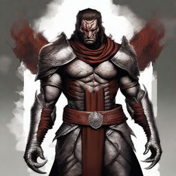 The image is a high-quality digital art piece depicting a half-human, half-snake man Bloodhunter, without a helmet, clad in half plate armor