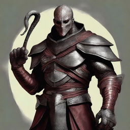 The image is a high-quality digital art piece depicting a half-human, half-snake man Bloodhunter, without a helmet, clad in half plate armor