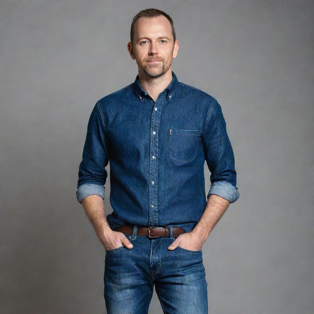 A realistic portrait of Andrew Tate wearing blue jeans, with cool and confident expression.