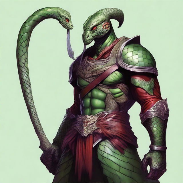 The image is a high-quality digital art piece, showcasing a half-human, half-snake man Bloodhunter