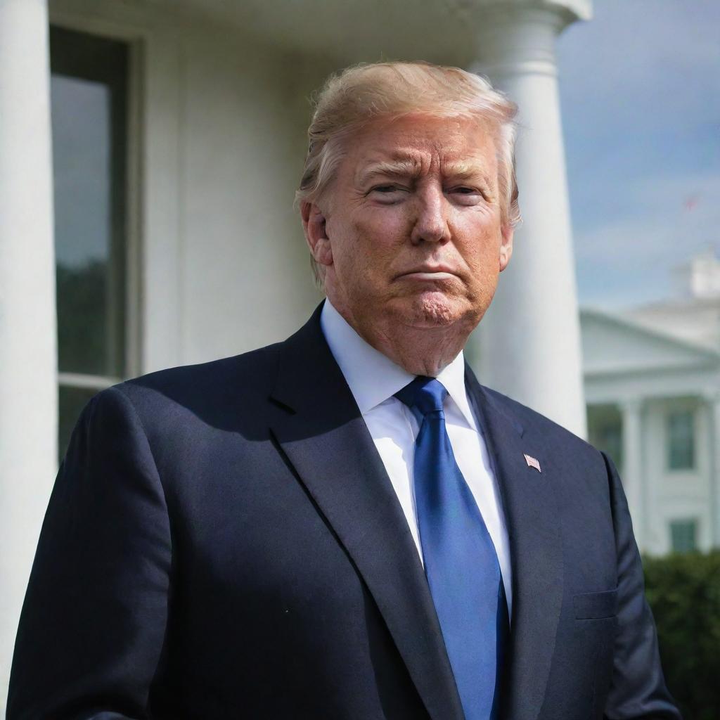 A photorealistic portrait of Donald Trump in a formal suit, against a backdrop of the White House.