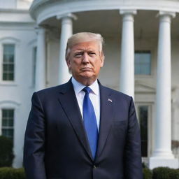 A photorealistic portrait of Donald Trump in a formal suit, against a backdrop of the White House.