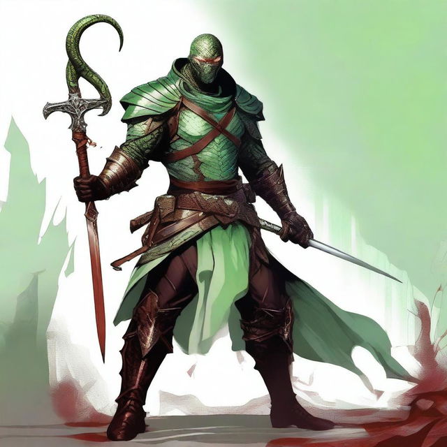 A high-quality digital art image features a half-human, half-snake man Bloodhunter