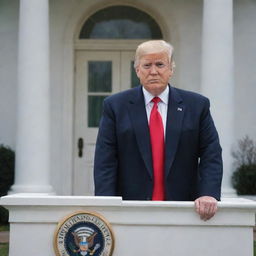 A photorealistic portrait of Donald Trump in a formal suit, against a backdrop of the White House.