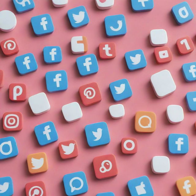 An array of various 3D icons of popular social media platforms like Instagram, Facebook, Twitter, and Pinterest, scattered against a digital backdrop.