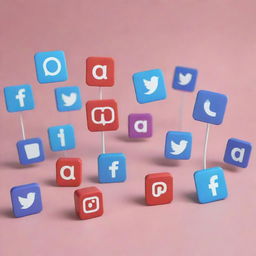 An array of various 3D icons of popular social media platforms like Instagram, Facebook, Twitter, and Pinterest, scattered against a digital backdrop.