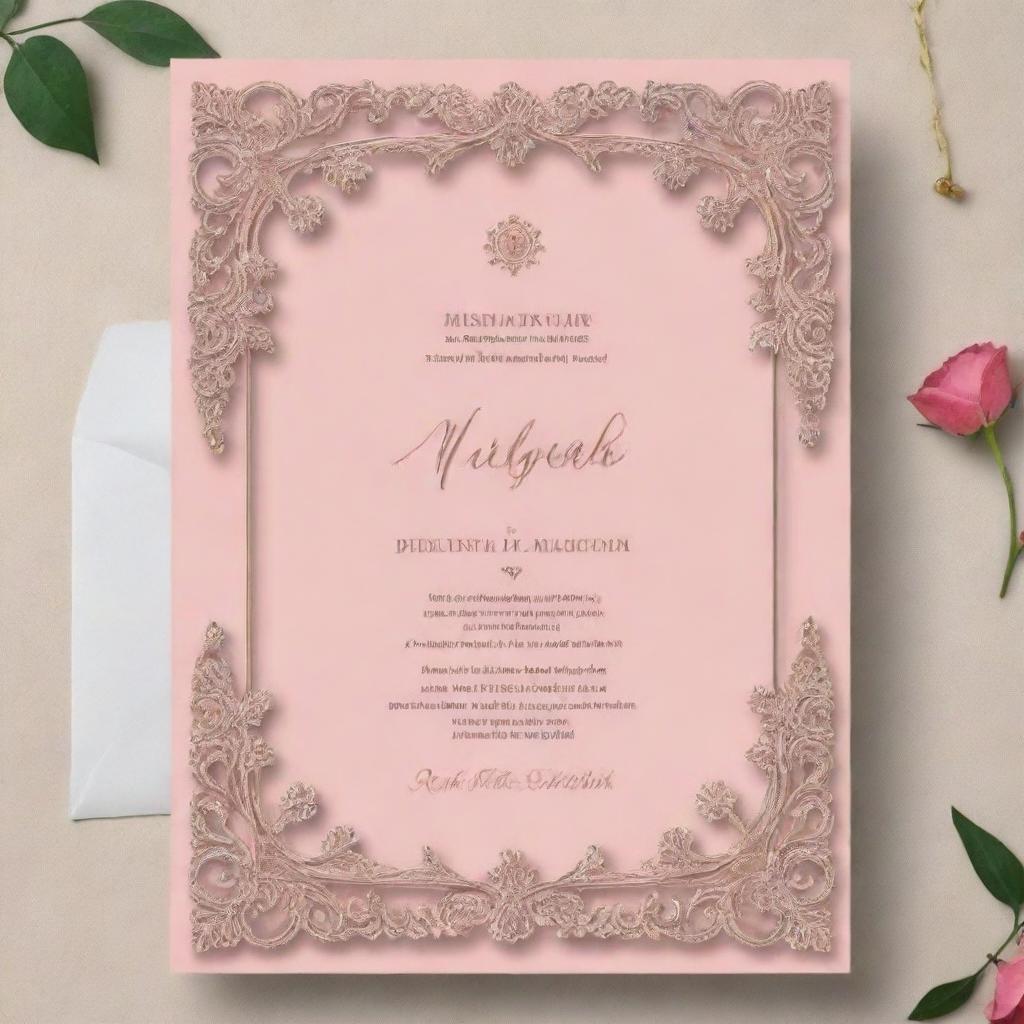 Generate an elegant wedding invitation card for a couple named Mehak and Rohit, dated for the 24th of February, 2024. The design should be traditional and romantic, with elaborate text script.