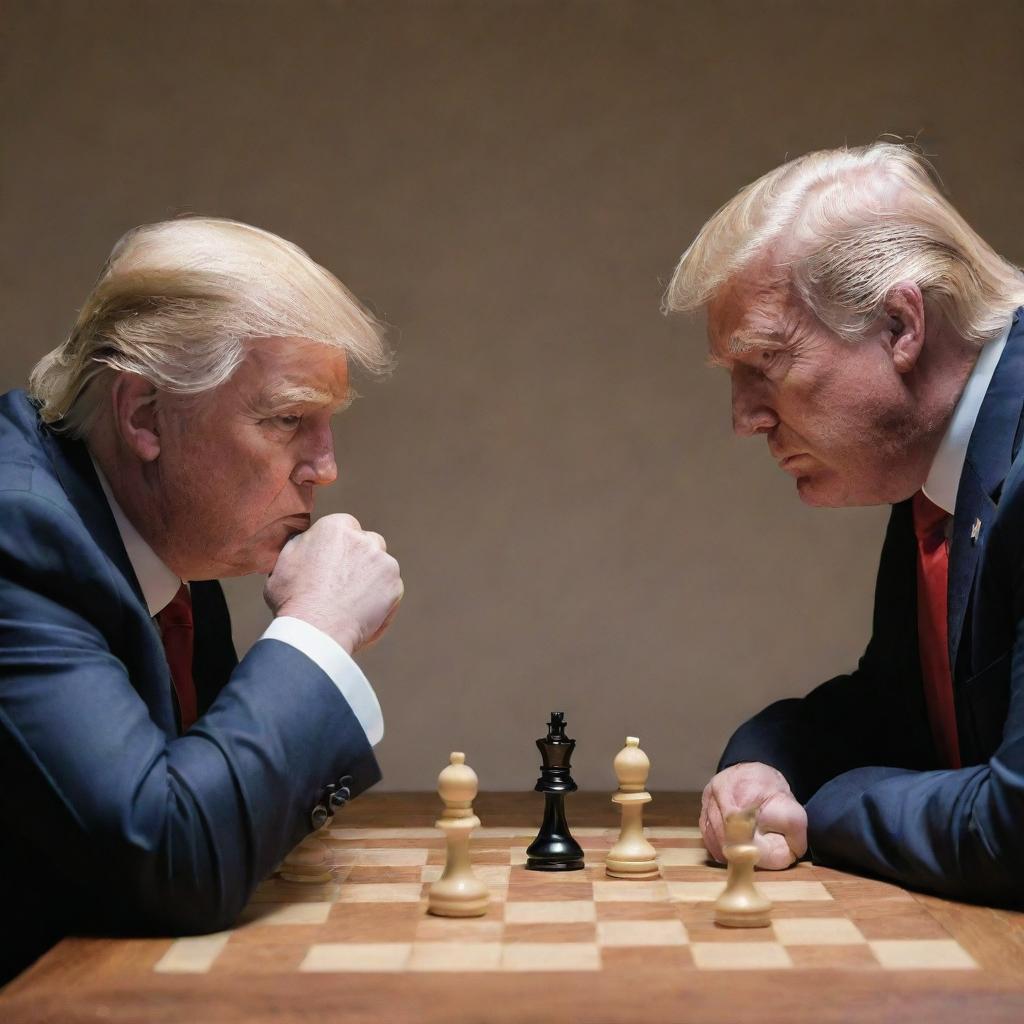 Donald Trump engaged in a metaphorical chess battle on a 3D chessboard, both players concentrating intensely.