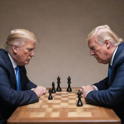 Donald Trump engaged in a metaphorical chess battle on a 3D chessboard, both players concentrating intensely.