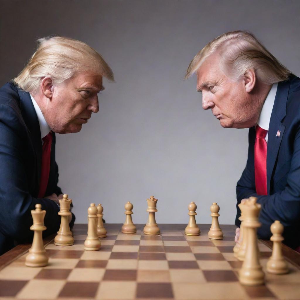 Donald Trump engaged in a metaphorical chess battle on a 3D chessboard, both players concentrating intensely.