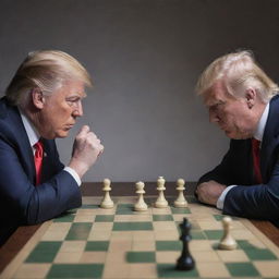 Donald Trump engaged in a metaphorical chess battle on a 3D chessboard, both players concentrating intensely.