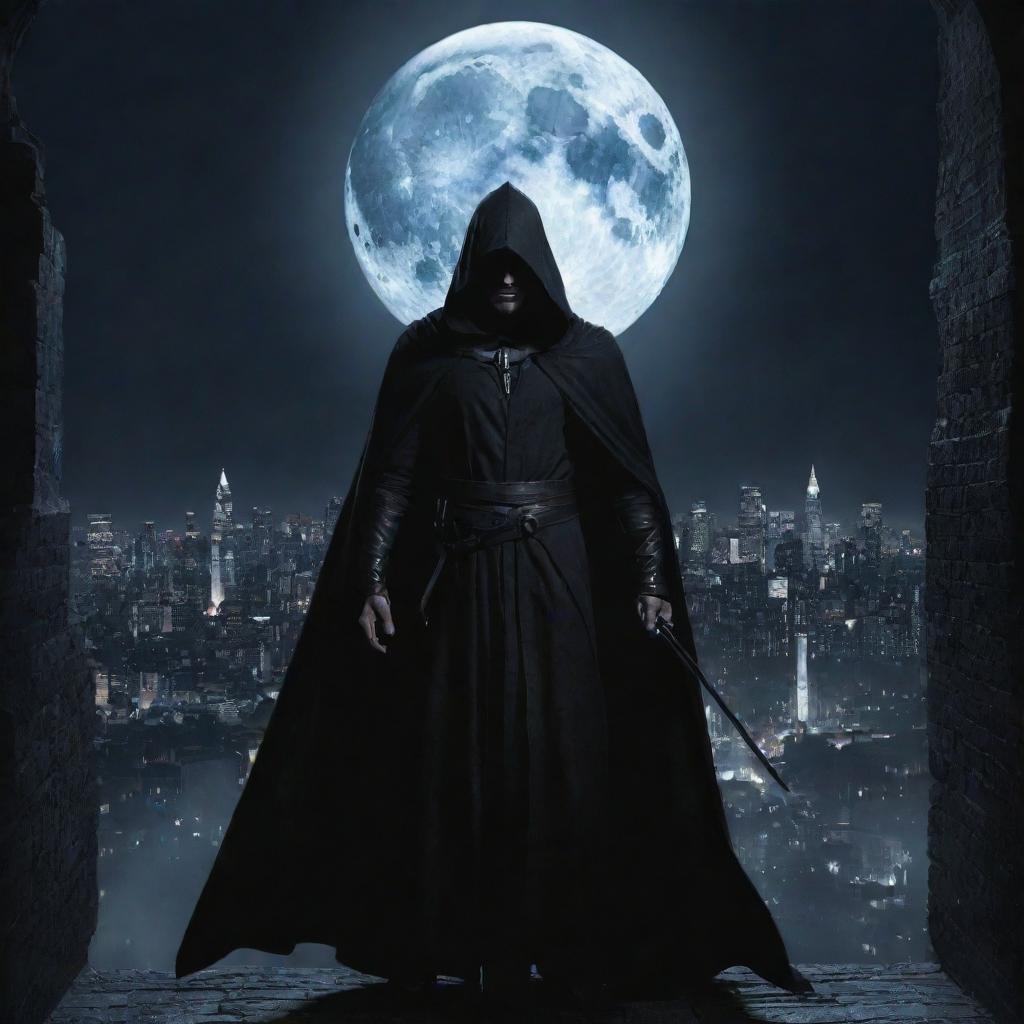 An elusive assassin clad in dark cloaks, hidden in the shadows of a moonlit cityscape, readying his dart weapon