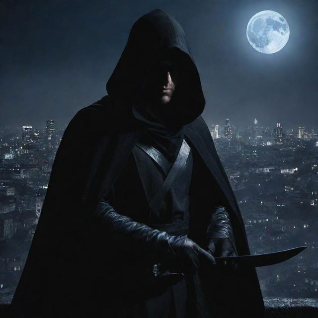 An elusive assassin clad in dark cloaks, hidden in the shadows of a moonlit cityscape, readying his dart weapon